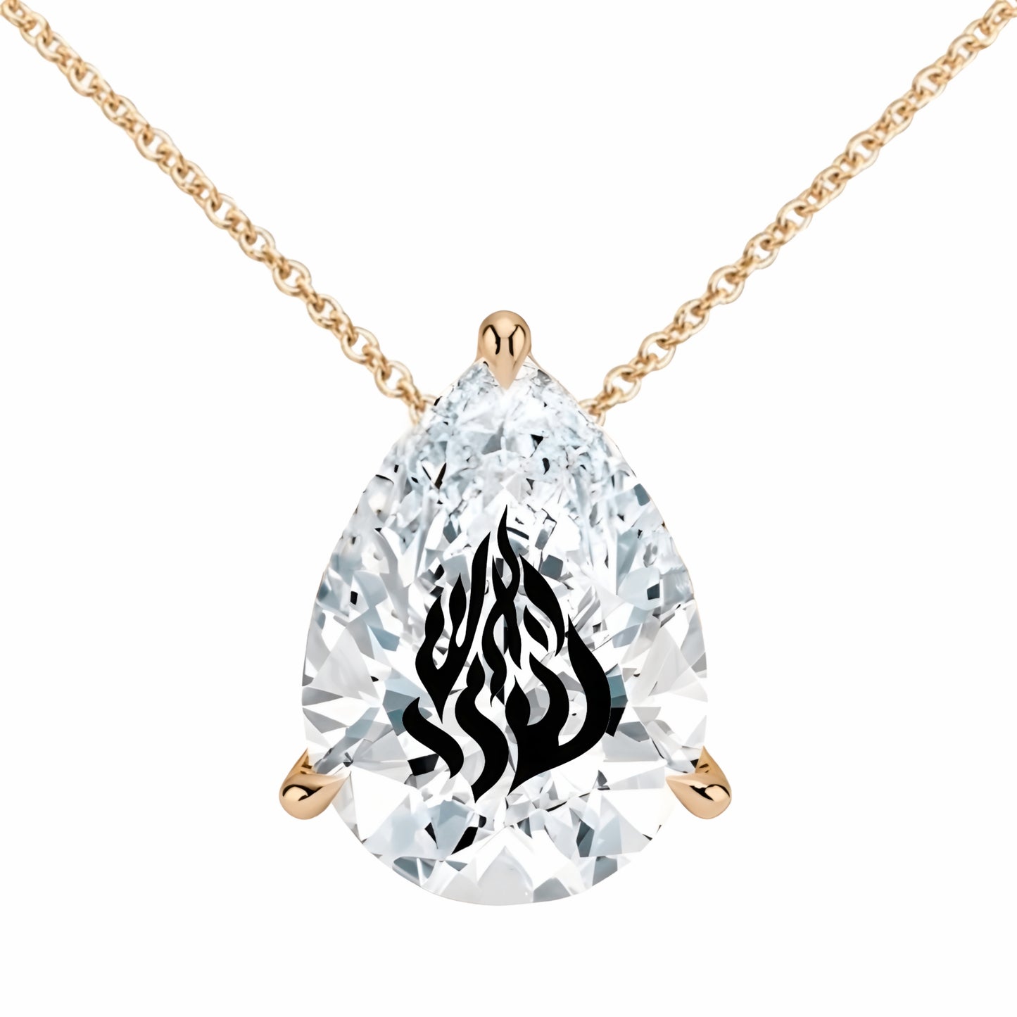 שרשרת אבן מוסונייט טיפה מרחפת עם חריטת לייזר האש שלי - זהב 14 קראט צהוב/לבן/רוז גולד