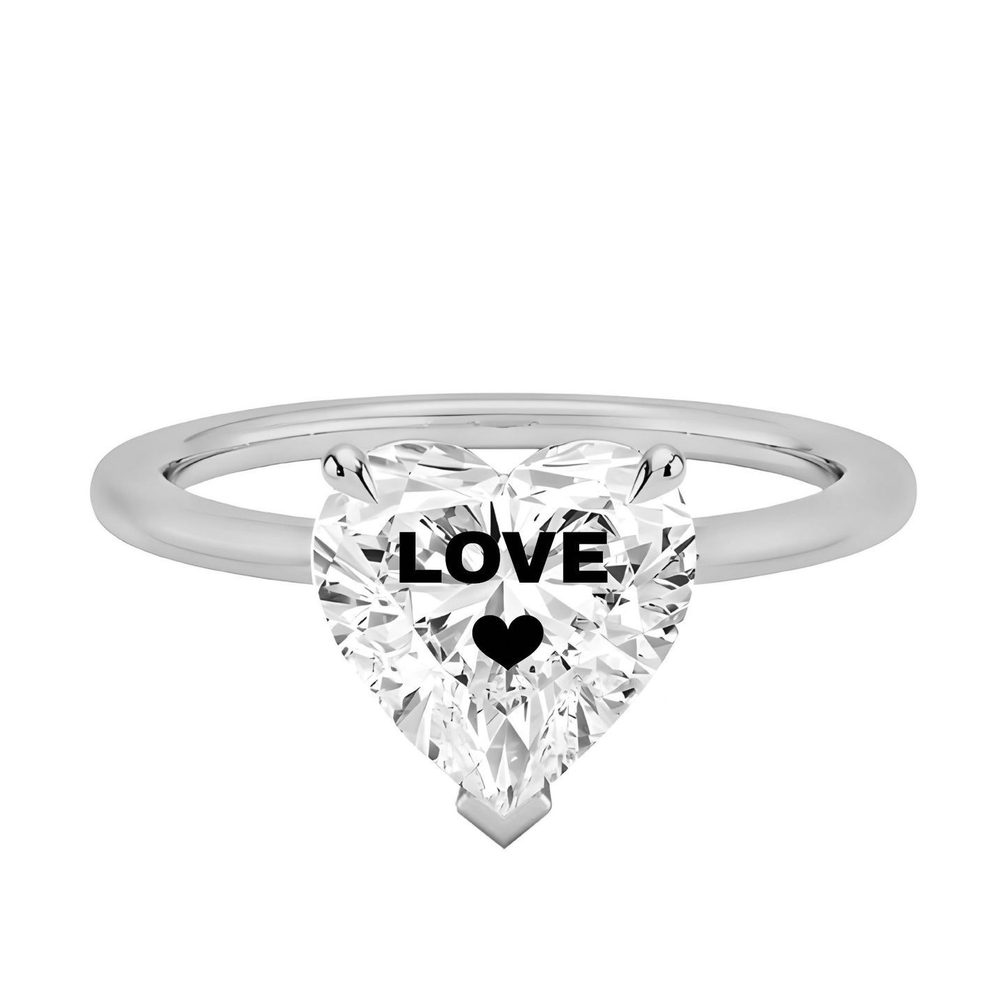 טבעת כסף אבן מוסונייט לב חריטה LOVE לב
