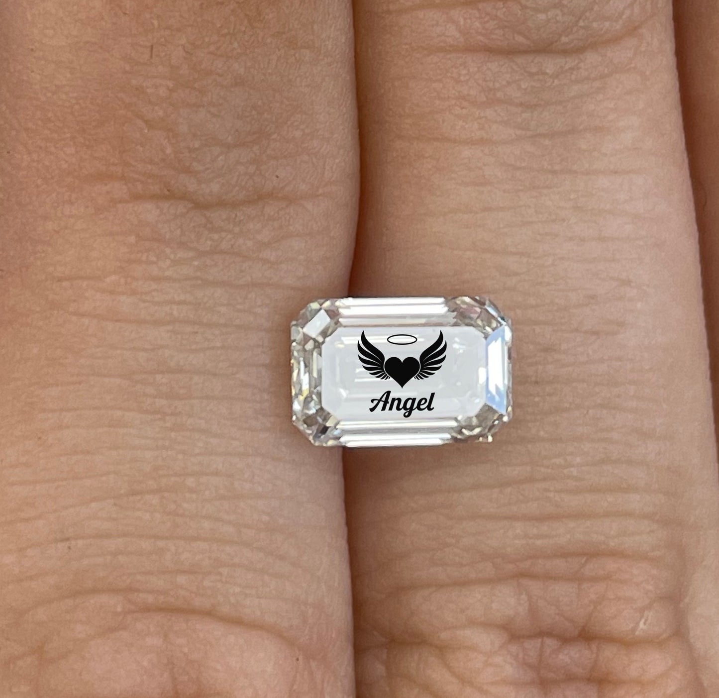 Lab Grown Diamond Emerald Ring With Angel Laser Engraved On The Diamond 14K Gold