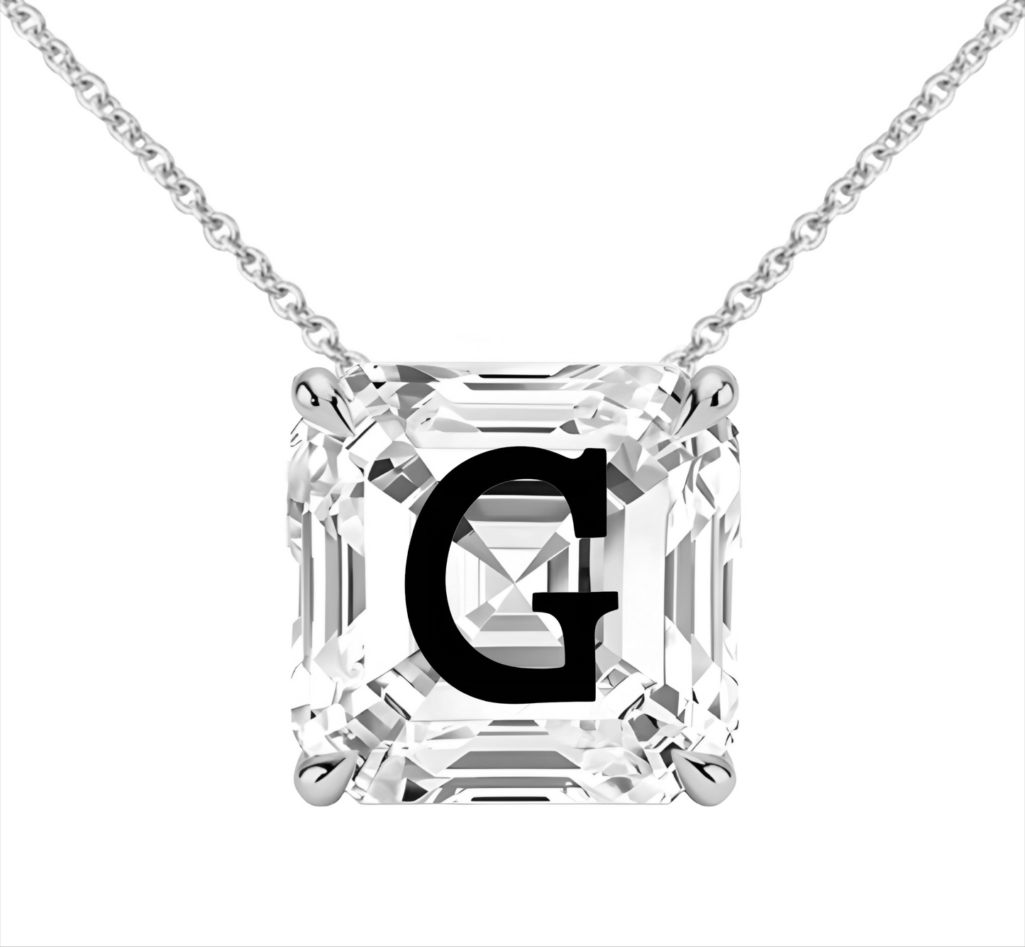 Moissanite Asscher Necklace With Letter Laser Engraved On The Moissanite