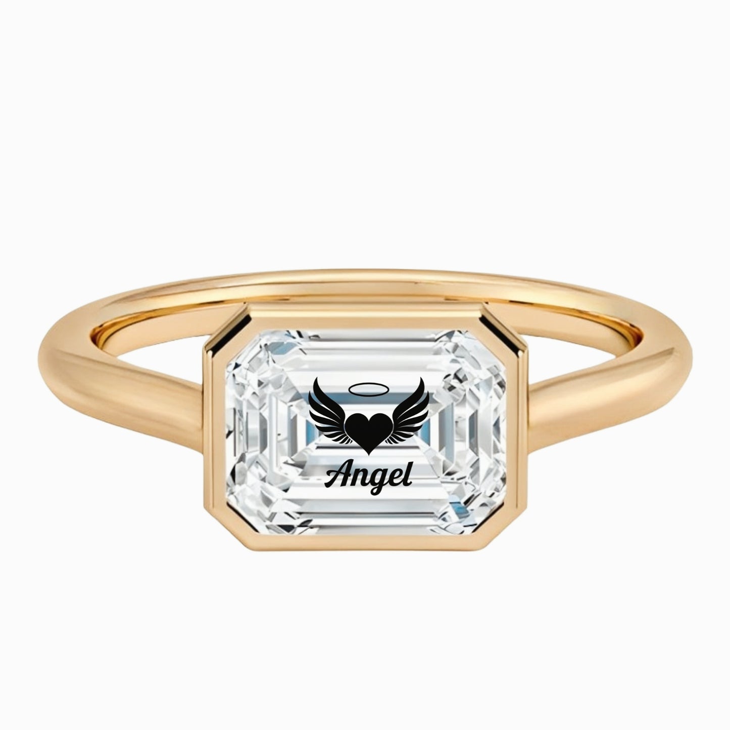 טבעת חותם יהלום מעבדה אמרלד חריטה לב כנפיים ANGEL - זהב 14 קראט צהוב/לבן/רוז גולד
