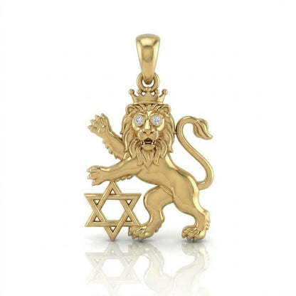 תליון אריה ירושלים עם מגן דוד בשיבוץ יהלומי מעבדה זהב 14 קראט צהוב/לבן/רוז גולד