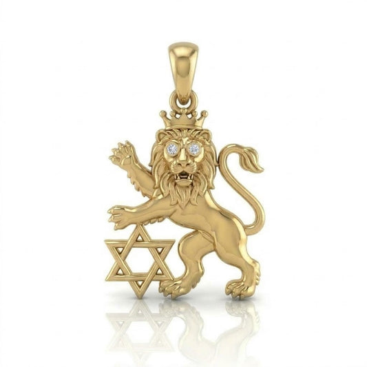 תליון אריה ירושלים עם מגן דוד בשיבוץ יהלומי מעבדה זהב 14 קראט צהוב/לבן/רוז גולד