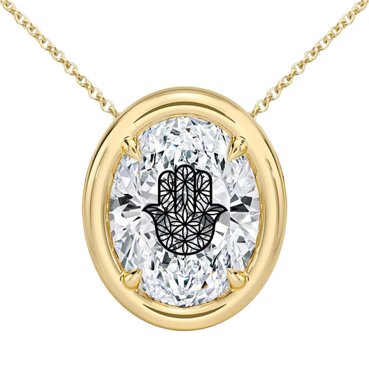 Laser Engrave On Lab Grown Diamond Oval Bezel Prongs Pendant Hamsa Flower Of Life Engraved  Necklace 14K Gold