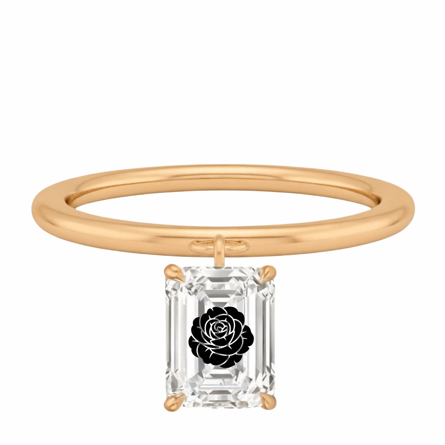 Laser Engrave Lab Grown Diamond Emerald Floating Pendant Rose Flower Engraved 14K Yellow/White/Rose Gold