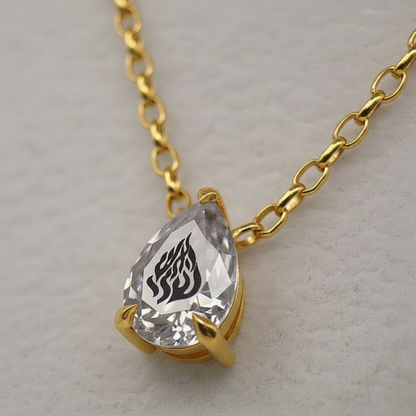 שרשרת יהלום מעבדה טיפה מרחפת עם חריטת לייזר האש שלי - זהב 14 קראט צהוב/לבן/רוז גולד