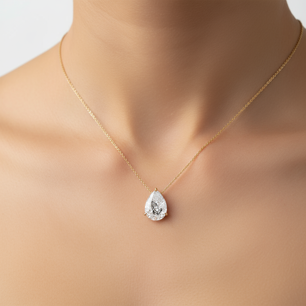 Lab Grown Diamond Pear Necklace With Praying Hands Laser Engraved On The Diamond