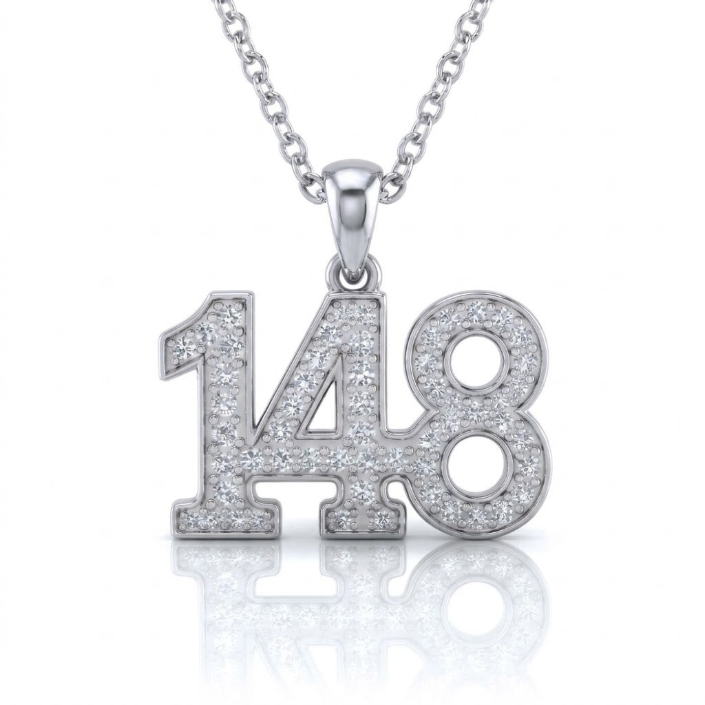 שרשרת תליון מספר 148 גימטריה של רבי נחמן מברסלב בשיבוץ יהלומי מעבדה זהב 14 קראט צהוב/לבן/רוז גולד