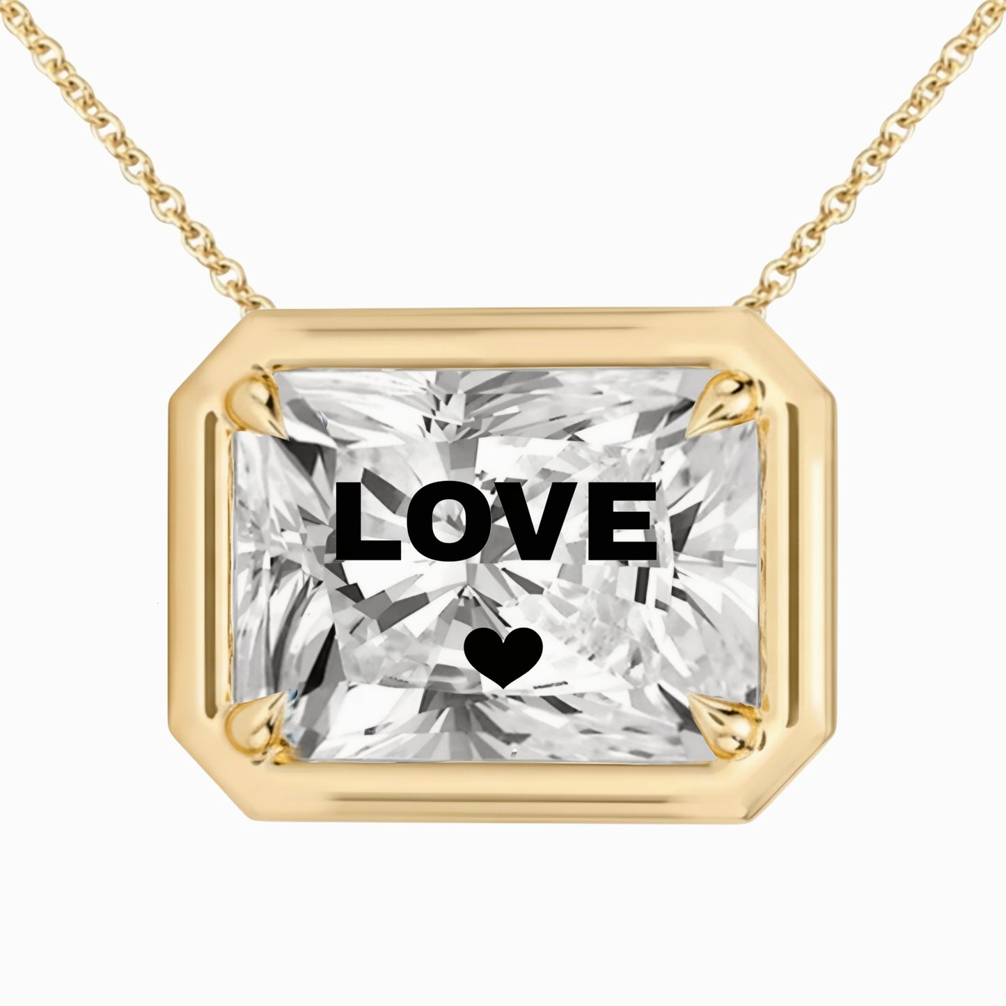 Laser Engrave On Lab Grown Diamond Radiant Bezel Prongs Pendant LOVE Engraved Necklace 14K Gold