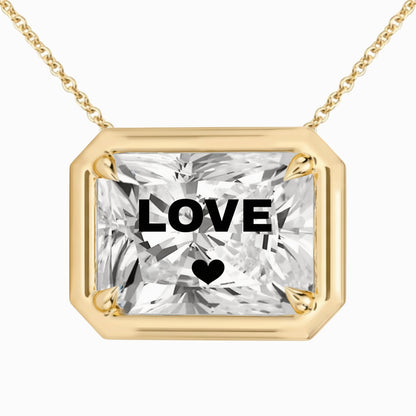 Laser Engrave On Lab Grown Diamond Radiant Bezel Prongs Pendant LOVE Engraved Necklace 14K Gold