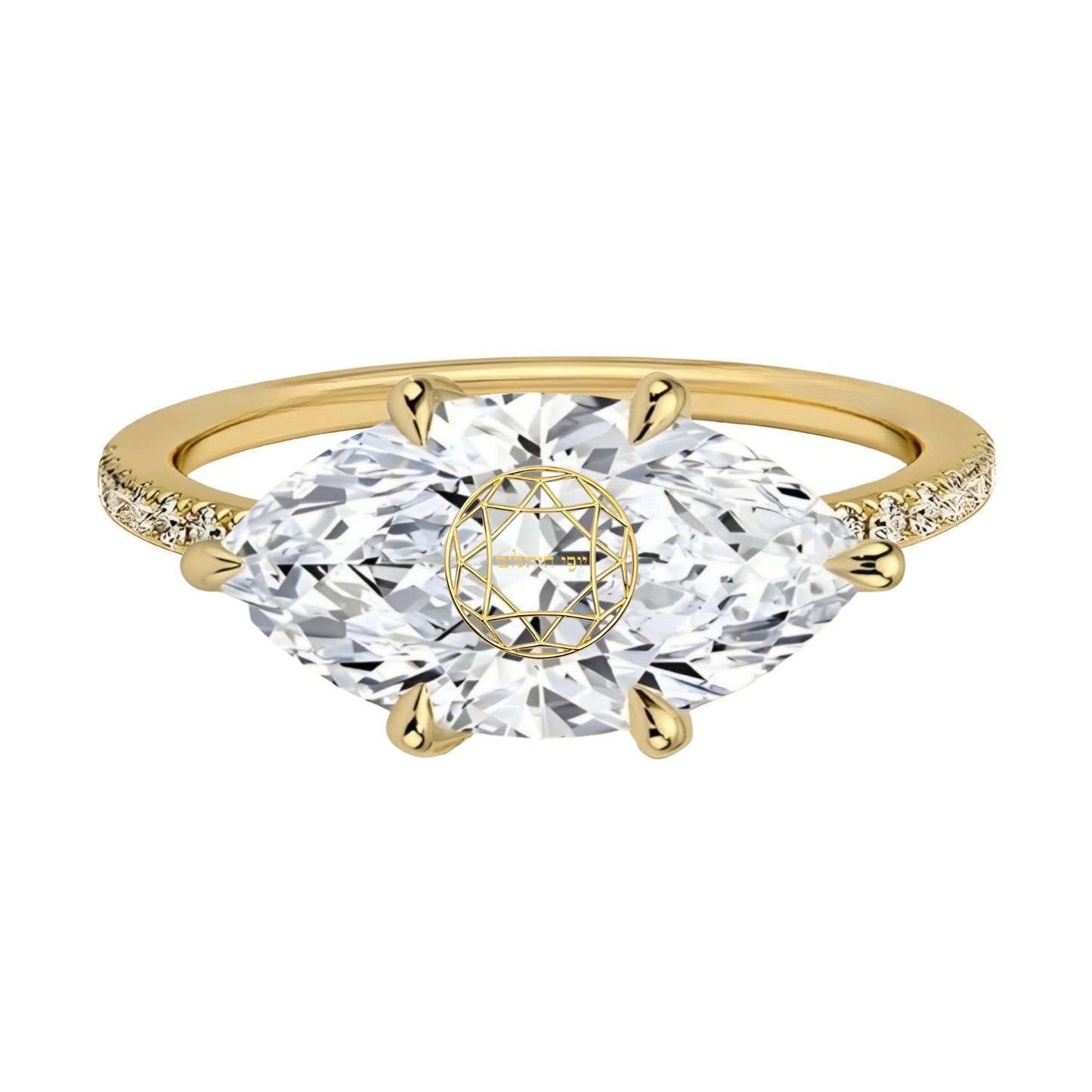 טבעת יהלום מעבדה מרקיזה חריטה בעיצוב אישי עם יהלומים בצדדים - זהב 14 קראט צהוב/לבן/רוז גולד