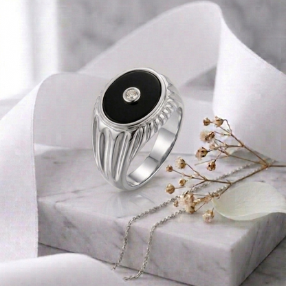 Oval Onyx Stone & Lab Grown Diamond Signet Ring 14K Yellow/White/Rose Gold