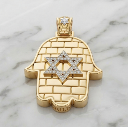תליון כותל מגן דוד בשיבוץ יהלומי מעבדה זהב 14 קראט צהוב/לבן/רוז גולד - תליון גדול עם נוכחות עיצוב מיוחד עם משמעות