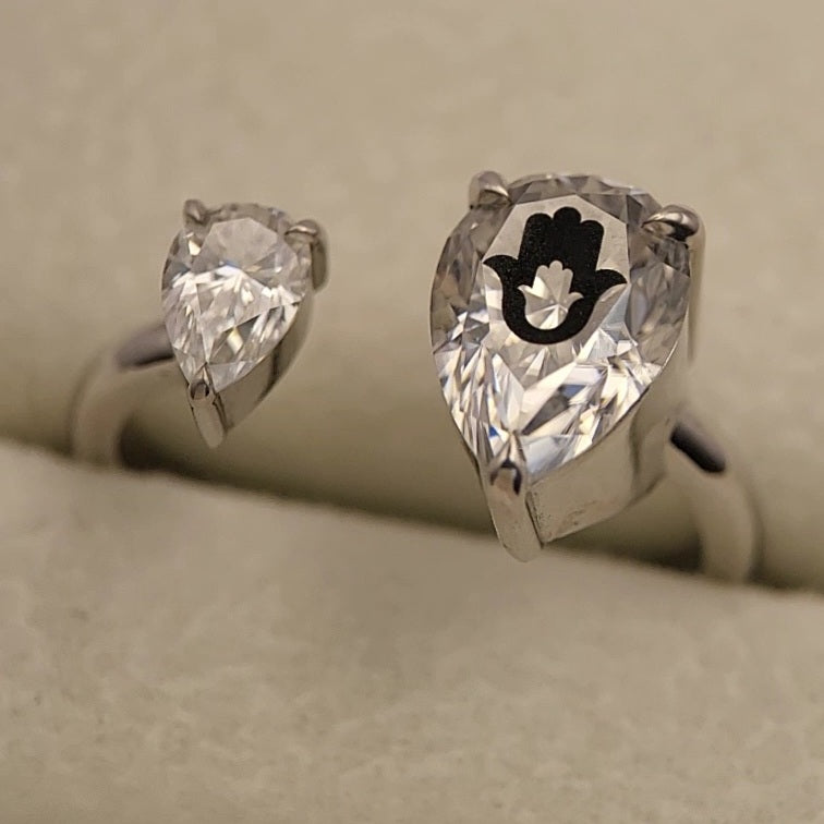 Laser Engrave Onto Center Of Lab Grown Diamond Pears Ring Hamsa Engraved 14K Gold