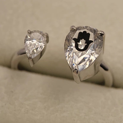 Laser Engrave Onto Center Of Lab Grown Diamond Pears Ring Hamsa Engraved 14K Gold