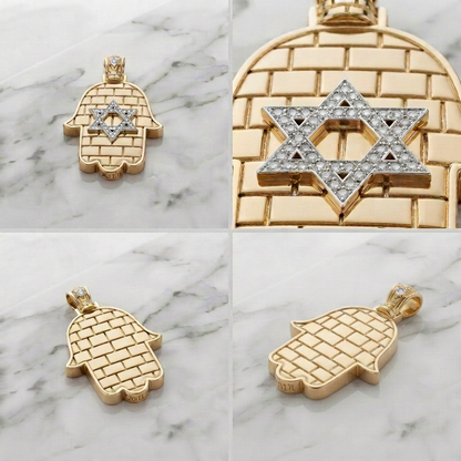 תליון כותל מגן דוד בשיבוץ יהלומי מעבדה זהב 14 קראט צהוב/לבן/רוז גולד - תליון גדול עם נוכחות עיצוב מיוחד עם משמעות