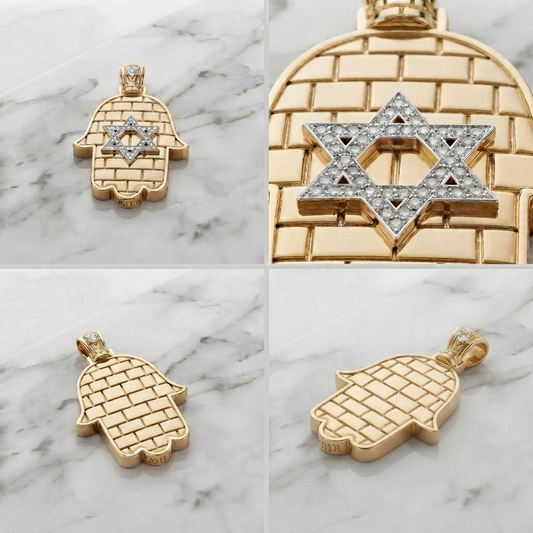 תליון כותל מגן דוד בשיבוץ יהלומי מעבדה זהב 14 קראט צהוב/לבן/רוז גולד - תליון גדול עם נוכחות עיצוב מיוחד עם משמעות