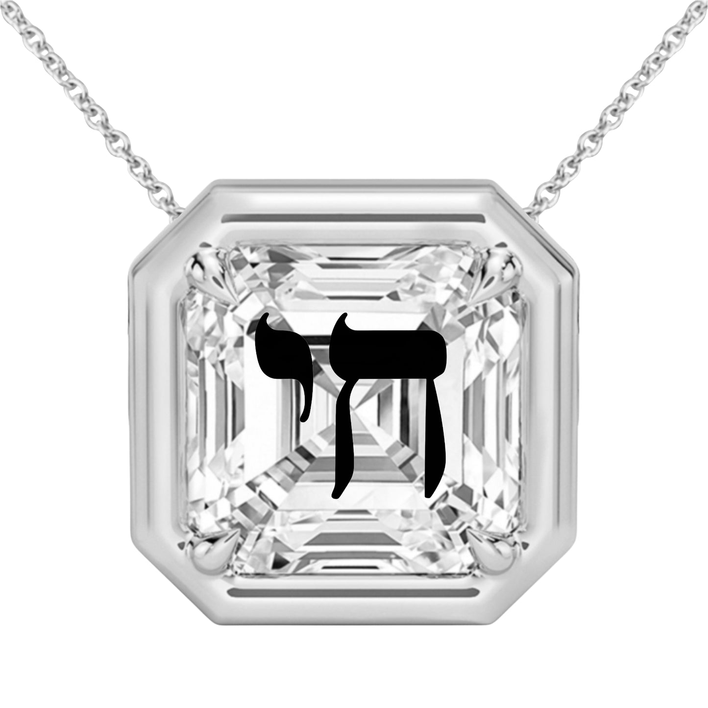 Laser Engrave On Lab Grown Diamond Asscher Bezel Prongs Pendant Chai Engraved Necklace 14K Gold