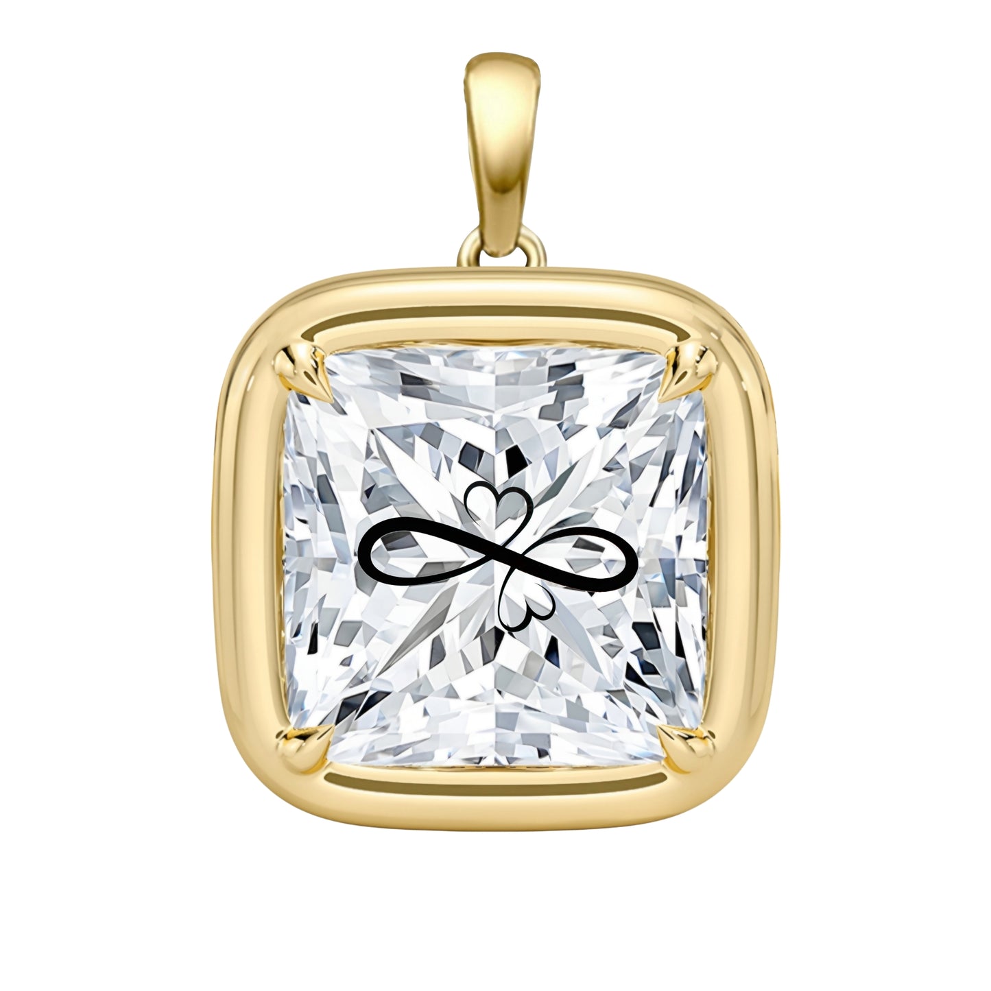 Laser Engrave On Lab Grown Diamond Princess Bezel Prongs Pendant Infinity Love Engraved 14K Gold