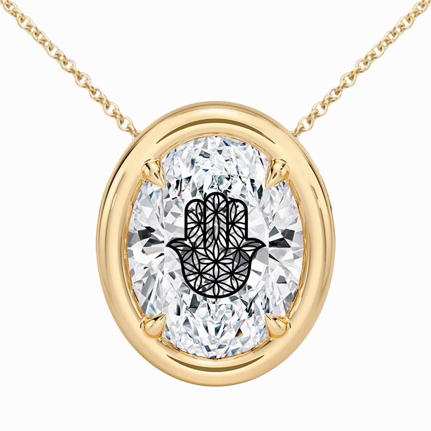 Laser Engrave On Lab Grown Diamond Oval Bezel Prongs Pendant Hamsa Flower Of Life Engraved  Necklace 14K Gold