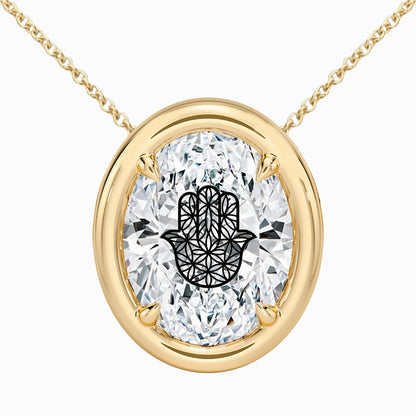Laser Engrave On Lab Grown Diamond Oval Bezel Prongs Pendant Hamsa Flower Of Life Engraved  Necklace 14K Gold