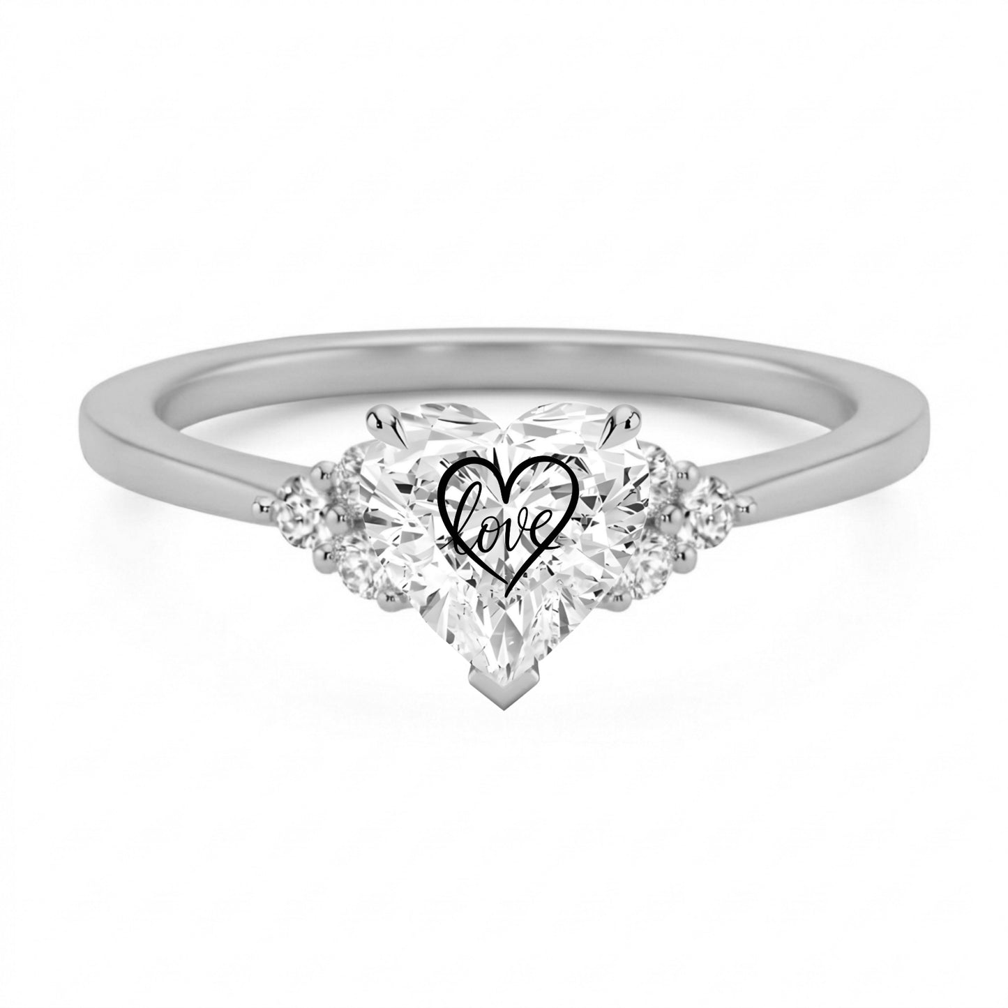 Laser Engrave On Center Of Lab Grown Diamond Heart Ring Heart Love Engraved 14K Gold