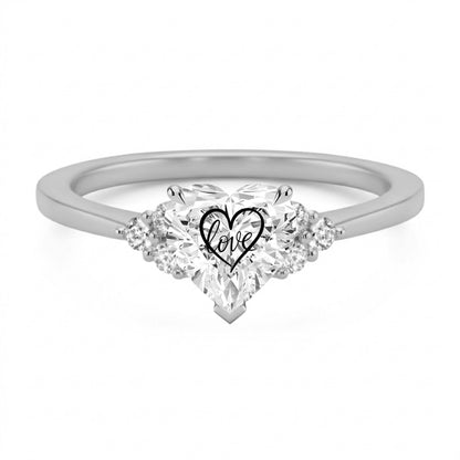 Laser Engrave On Center Of Lab Grown Diamond Heart Ring Heart Love Engraved 14K Gold