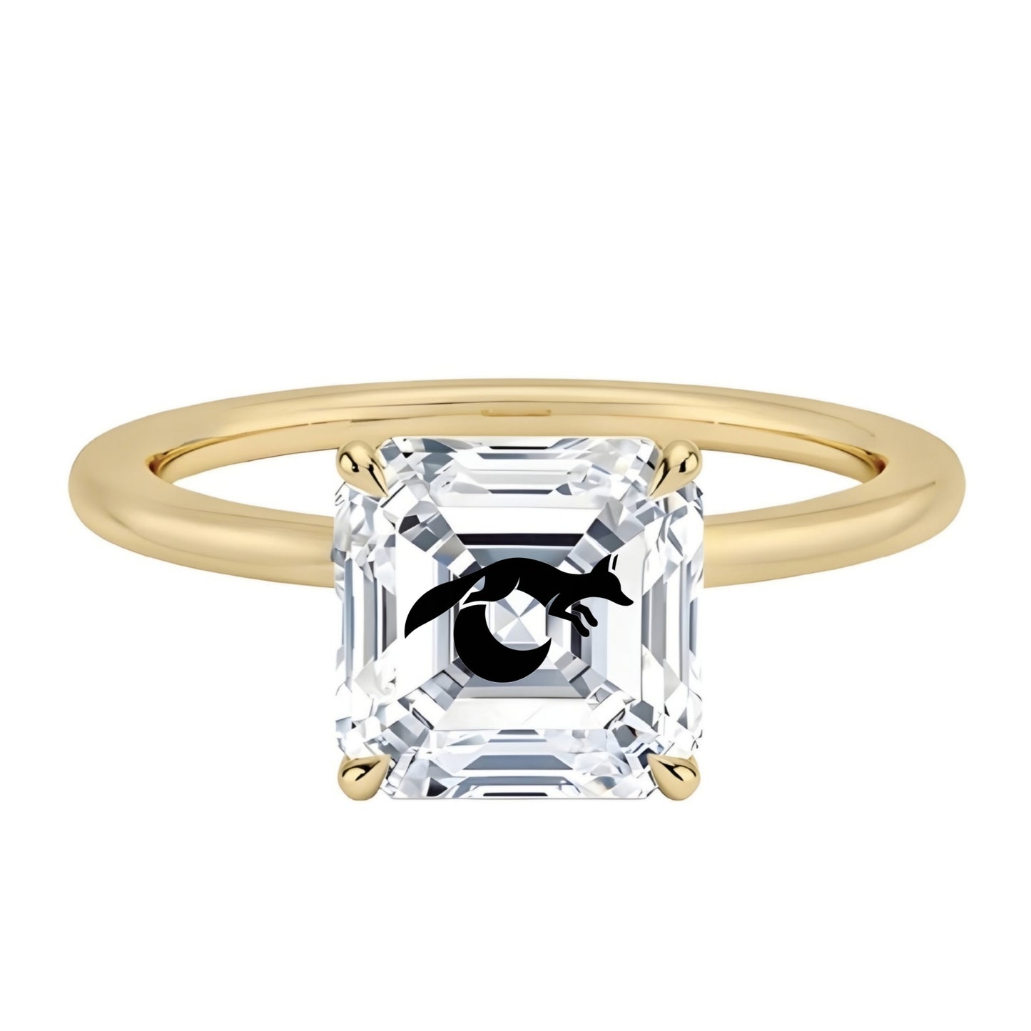 טבעת אבן מוסונייט אשר עם חריטת לייזר שועל ירח - זהב 14 קראט צהוב/לבן/רוז גולד