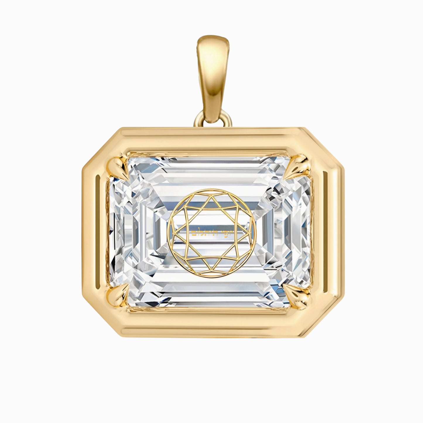 Laser Engrave Onto A Center Of Lab Grown Diamond Emerald Bezel Prongs Pendant Personalized Engraved 14K Gold