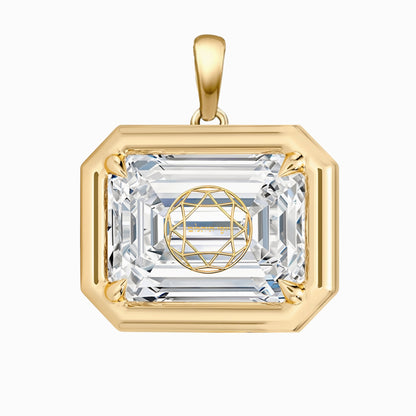 Laser Engrave Onto A Center Of Lab Grown Diamond Emerald Bezel Prongs Pendant Personalized Engraved 14K Gold