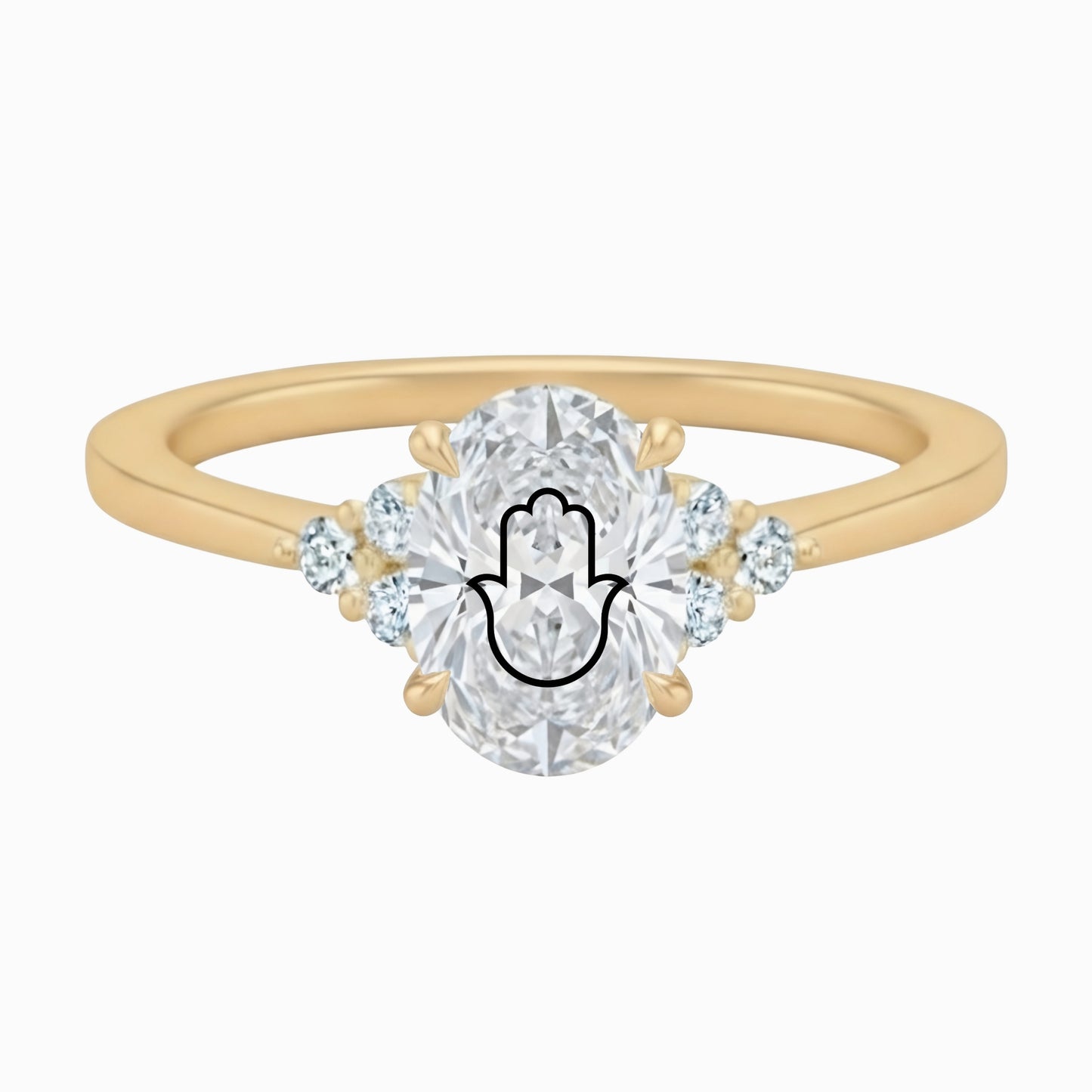 Laser Engrave Lab Grown Diamond Oval Ring Hamsa Engraved 14K Yellow/White/Rose Gold
