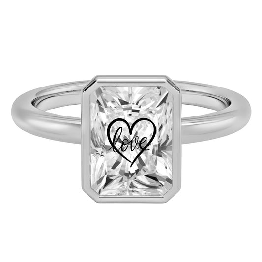 טבעת חותם אבן מוסונייט רדיאן חריטת לייזר לב Love - שיבוץ בזל כסף 925