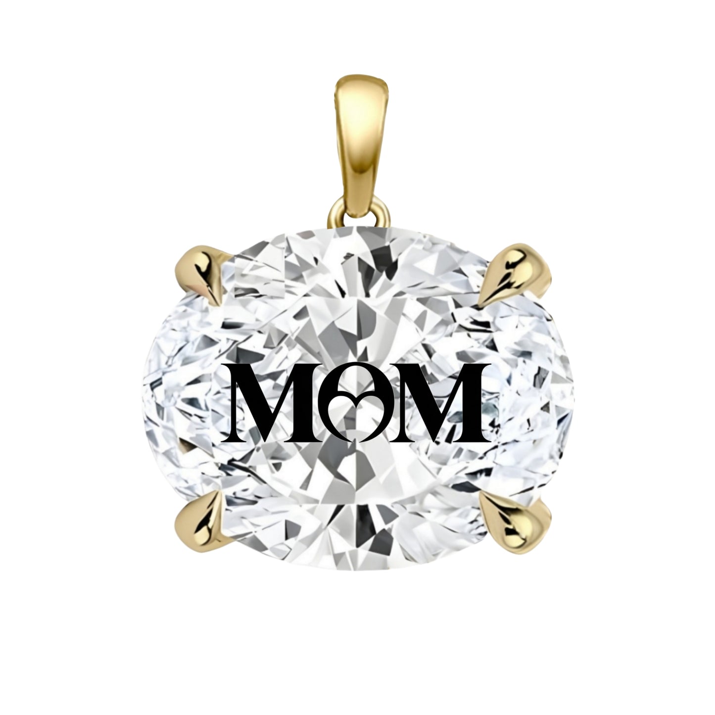 תליון יהלום מעבדה אובל עם חריטת לייזר MOM - זהב 14 קראט צהוב/לבן/רוז גולד