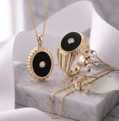 Oval Onyx Stone & Lab Grown Diamonds Signet Ring With Matching Pendant Necklace 14K Yellow/White/Rose Gold