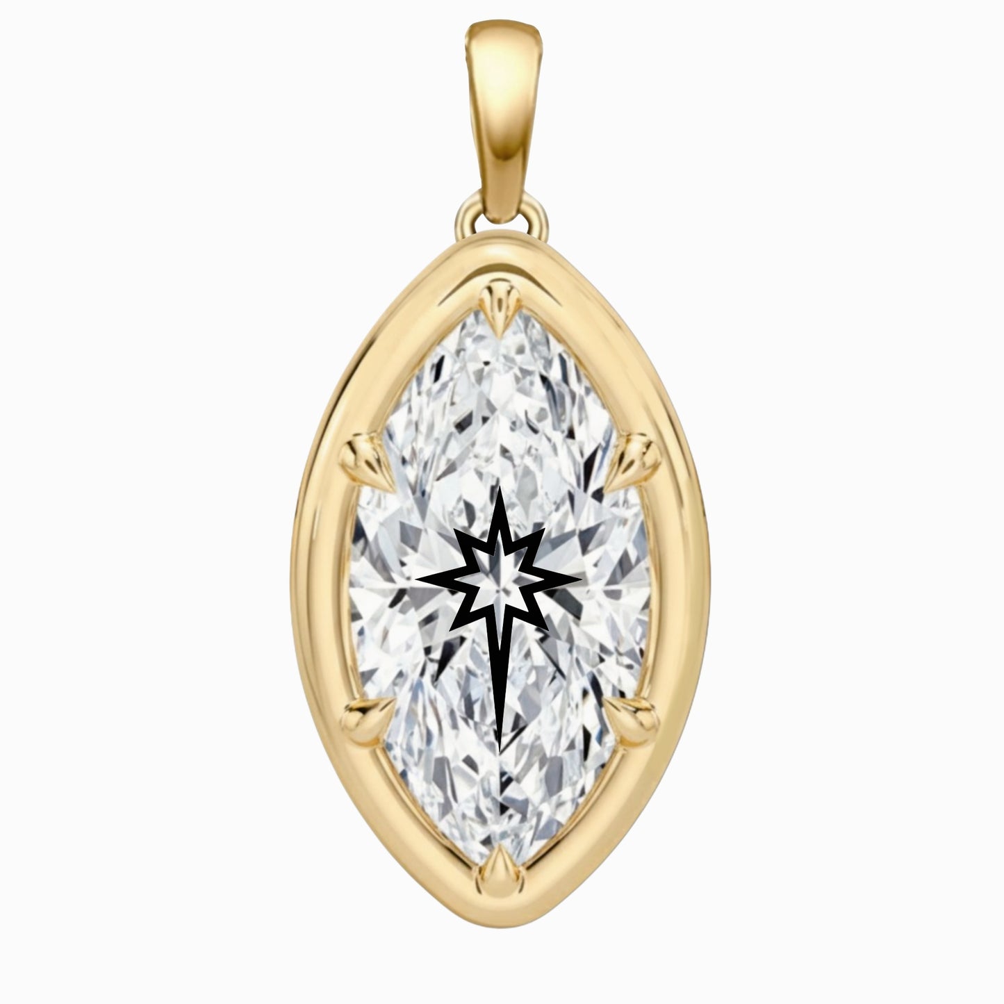 Laser Engrave On Moissanite Marquise Bezel Prongs Pendant North Star Engraved 14K Gold