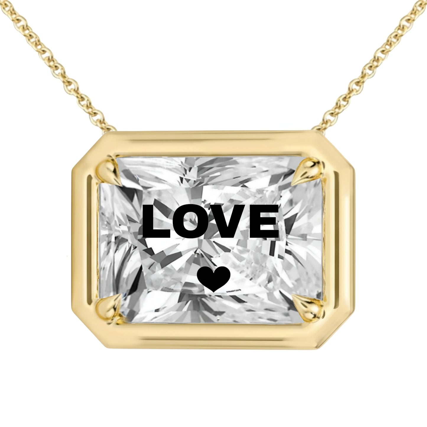 Laser Engrave On Lab Grown Diamond Radiant Bezel Prongs Pendant LOVE Engraved Necklace 14K Gold