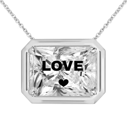 Laser Engrave On Lab Grown Diamond Radiant Bezel Prongs Pendant LOVE Engraved Necklace 14K Gold