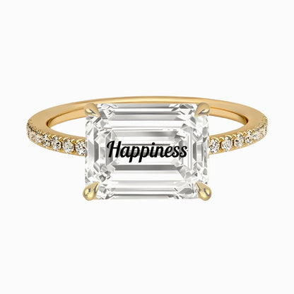 טבעת יהלום מעבדה אמרלד חריטה Happiness עם יהלומים בצדדים - זהב 14 קראט צהוב/לבן/רוז גולד