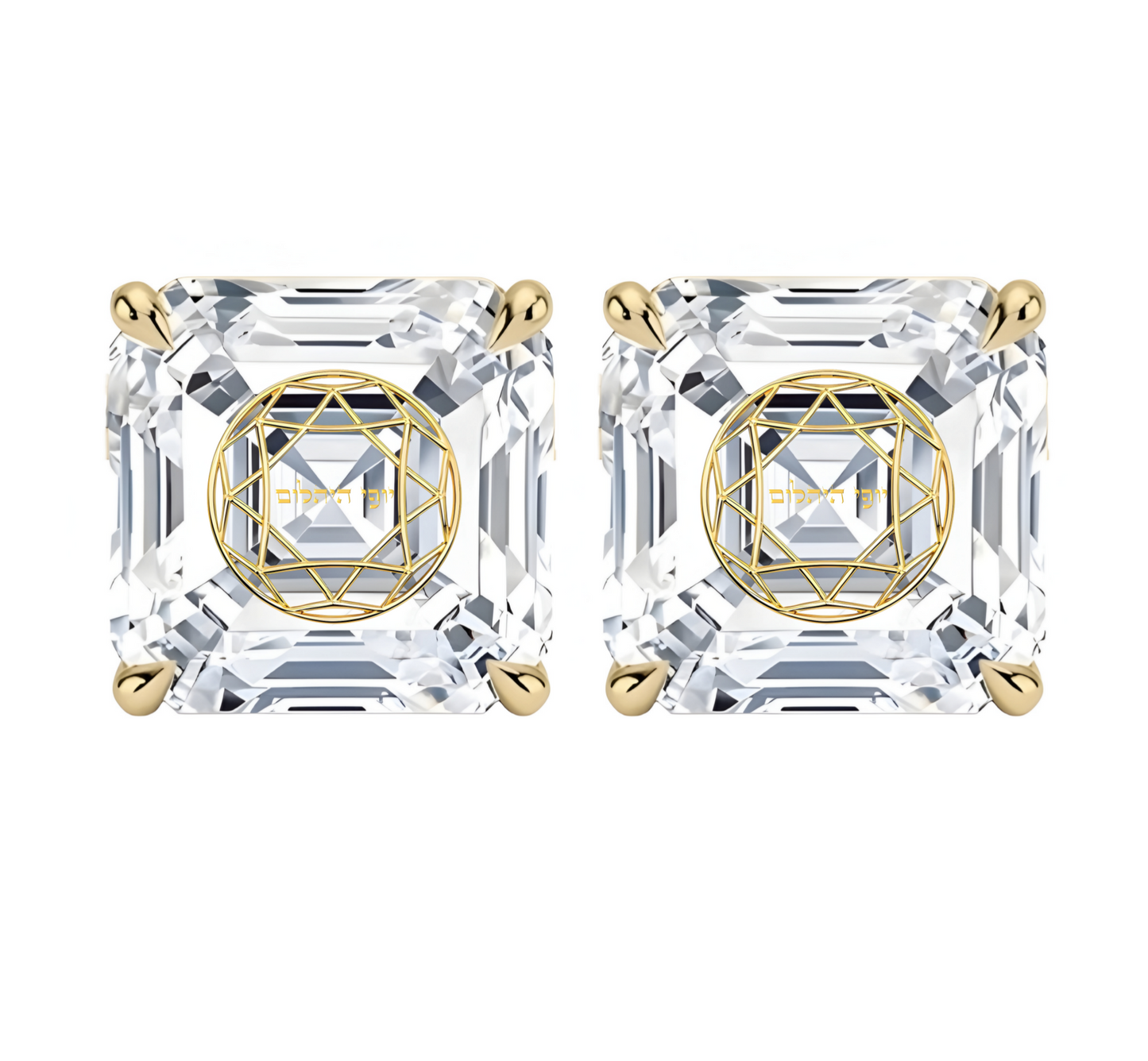 זוג עגילי יהלום מעבדה אשר חריטה בעיצוב אישי - זהב 14 קראט צהוב/לבן/רוז גולד