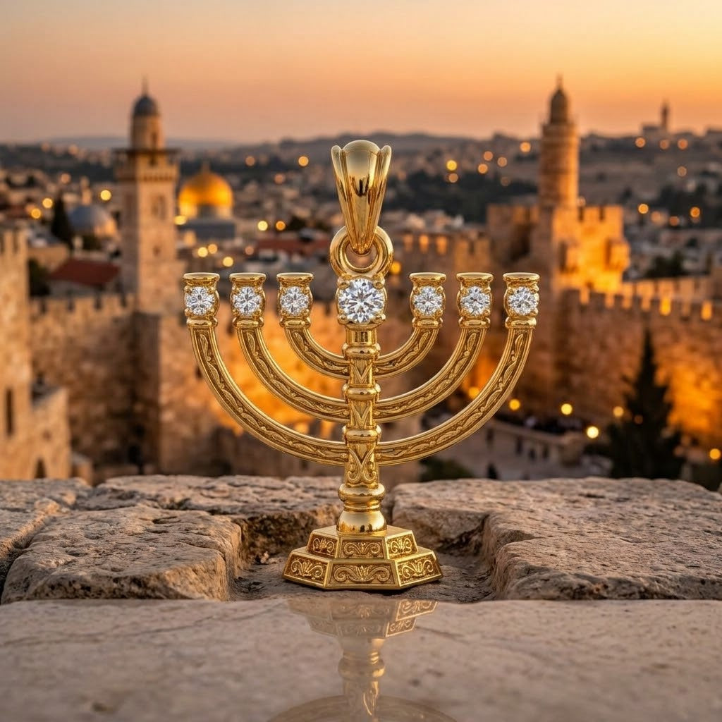 Magnificent 14K Gold Temple Menorah Pendant with Lab Grown Diamonds