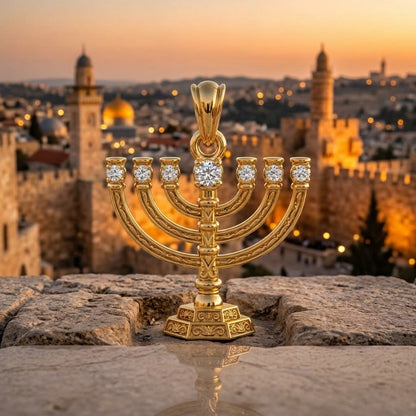 Magnificent 14K Gold Temple Menorah Pendant with Lab Grown Diamonds