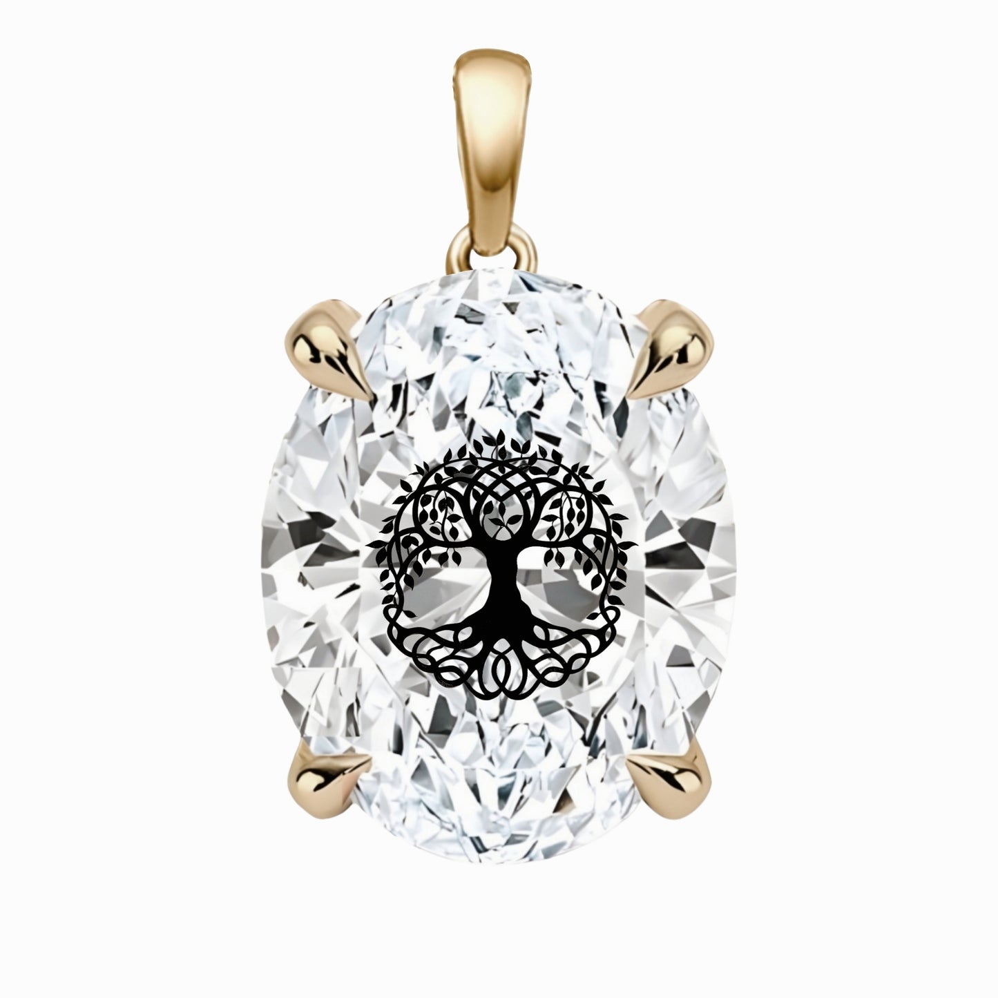 תליון אבן מוסונייט אובל עם חריטת לייזר עץ החיים - זהב 14 קראט צהוב/לבן/רוז גולד