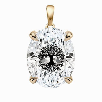 תליון אבן מוסונייט אובל עם חריטת לייזר עץ החיים - זהב 14 קראט צהוב/לבן/רוז גולד