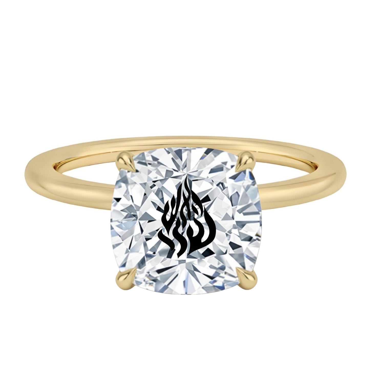 טבעת אבן מוסונייט קושן עם חריטת לייזר האש שלי - זהב 14 קראט צהוב/לבן/רוז גולד