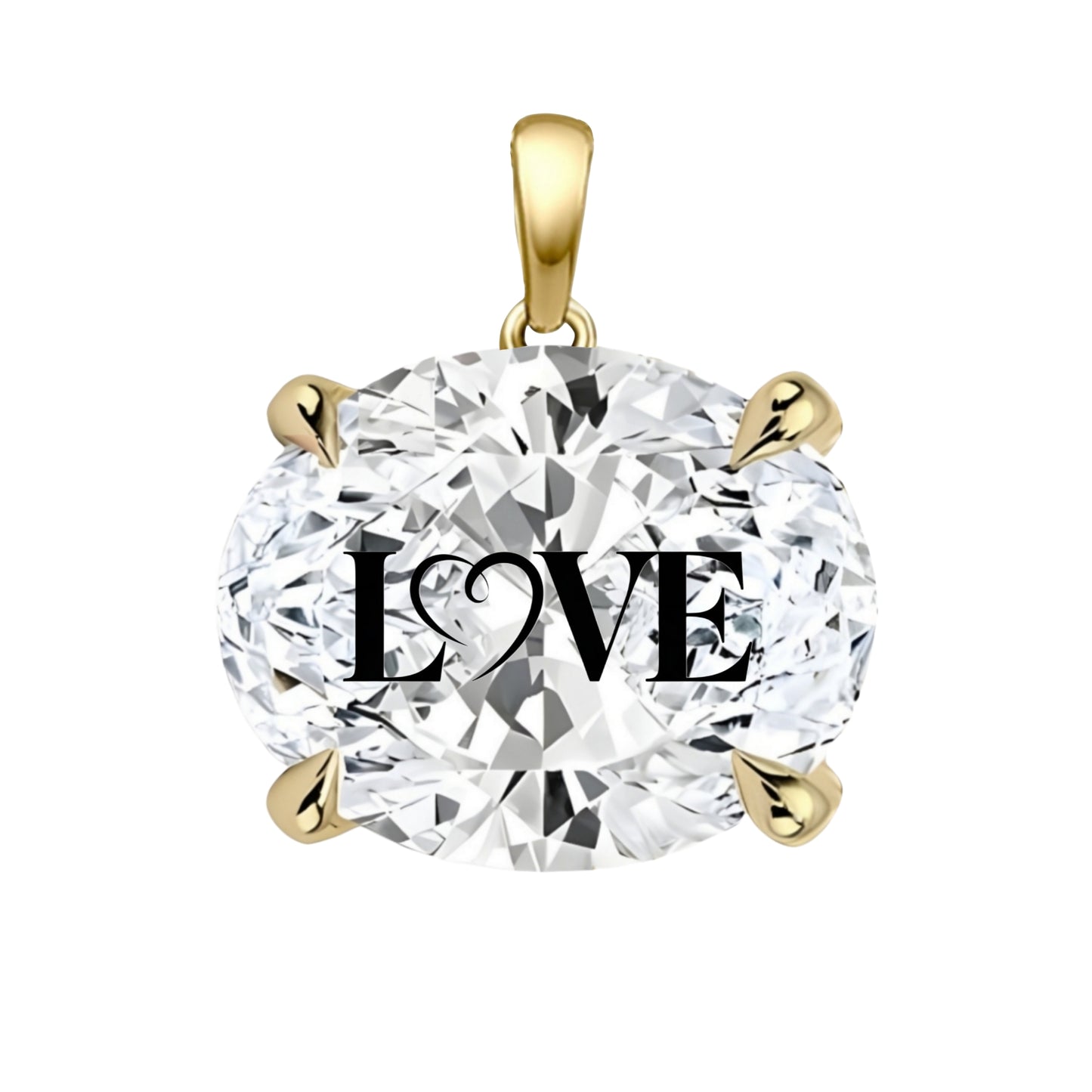 תליון יהלום מעבדה אובל עם חריטת לייזר LOVE - זהב 14 קראט צהוב/לבן/רוז גולד