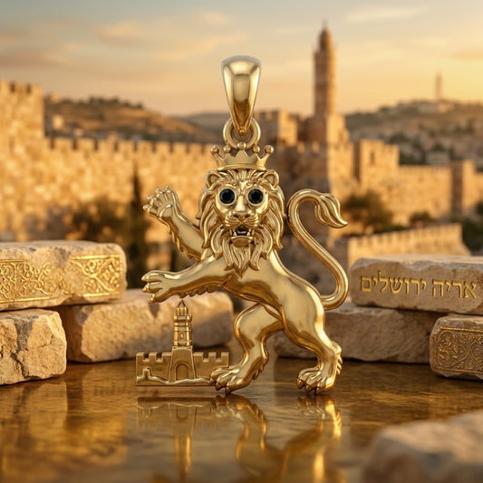 תליון אריה ירושלים בשיבוץ אבני מוסונייט שחורות בעיניים עם חומות ירושלים זהב 14 קראט צהוב/לבן/רוז גולד