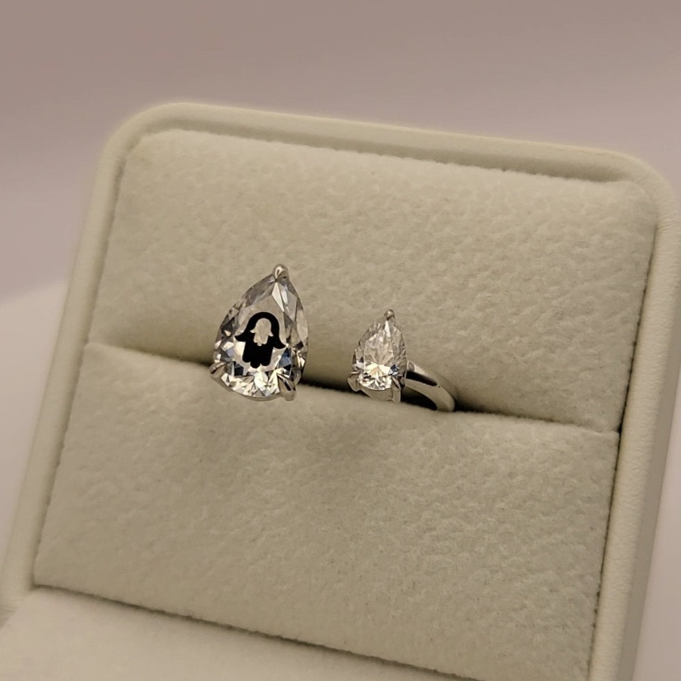 Laser Engrave Onto Center Of Lab Grown Diamond Pears Ring Hamsa Engraved 14K Gold