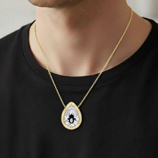 Moissanite Pear Bezel Prongs Pendant Setting With Hamsa Laser Engraved On The Moissanite Necklace 14K Gold