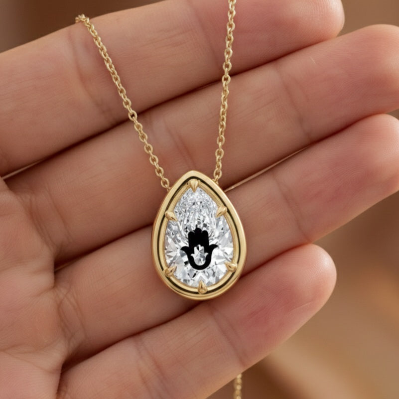 Lab Grown Diamond Pear Bezel Prongs Pendant Setting With Hamsa Laser Engraved On The Diamond Necklace 14K Gold