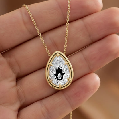 Lab Grown Diamond Pear Bezel Prongs Pendant Setting With Hamsa Laser Engraved On The Diamond Necklace 14K Gold